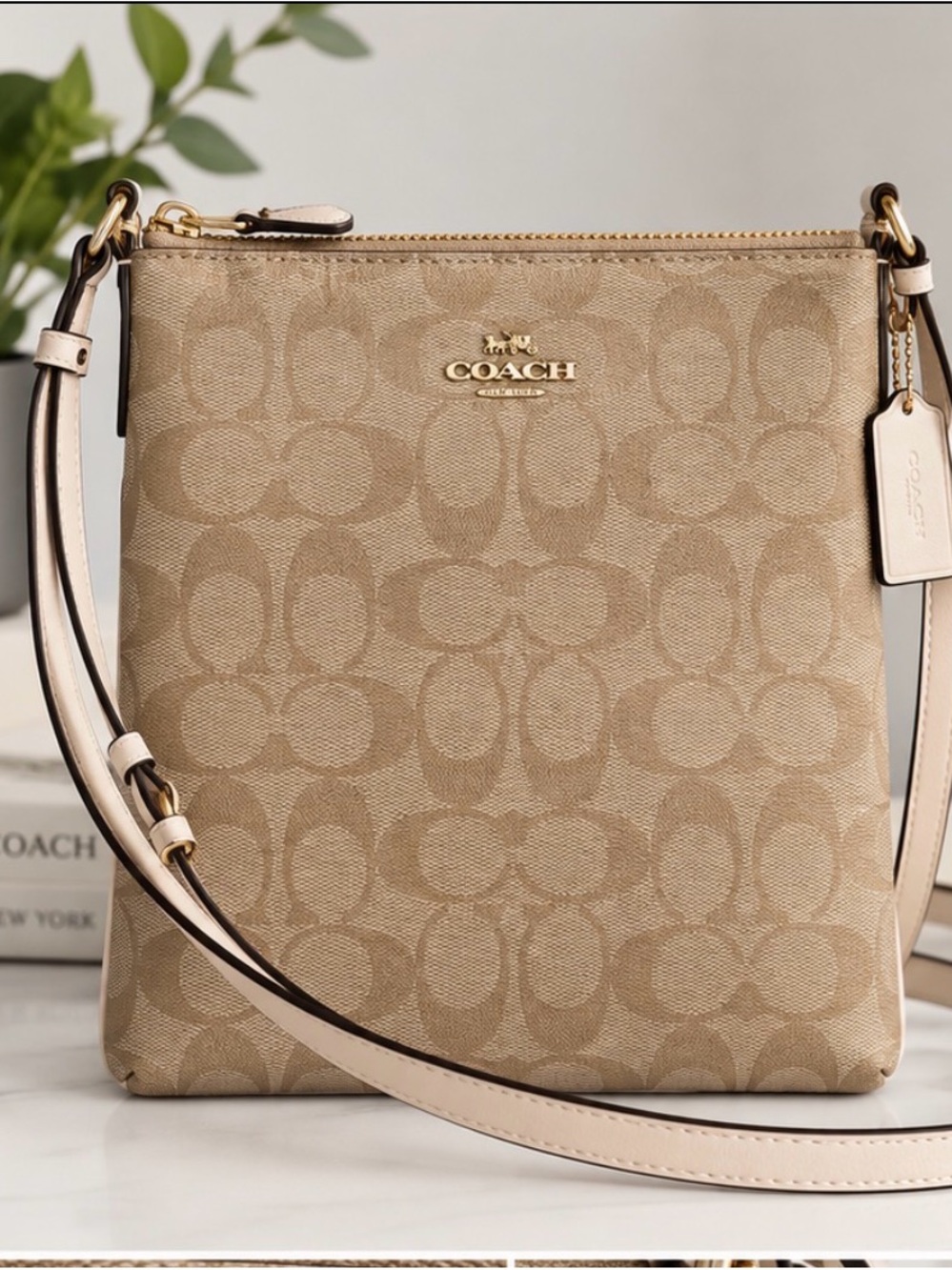 Coach Khaki Signature Canvas Crossbody with Chalk Trim